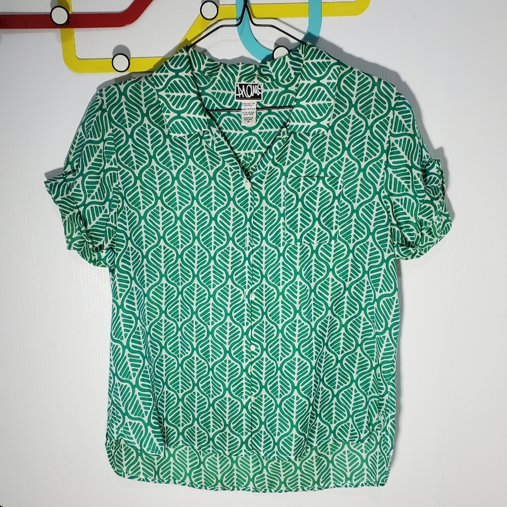 DVF Diane Von Furstenberg Short Sleeve Green Leaf Pattern Blouse Silk Cotton 10